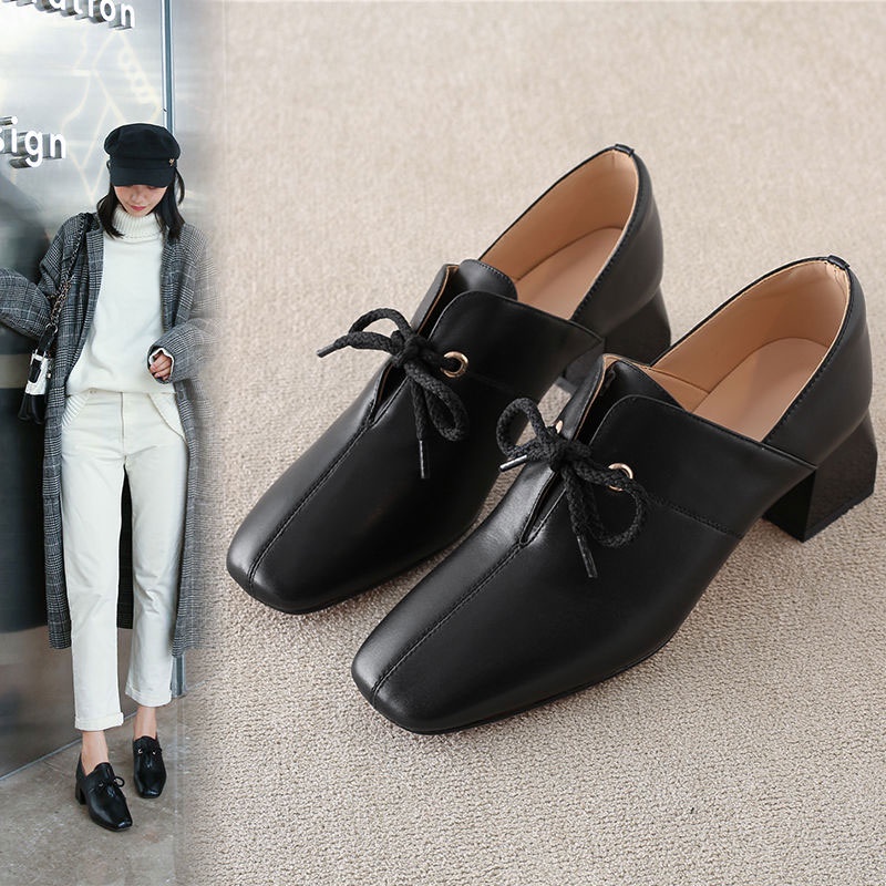 Hong Kong Premium shoes Giày Da Cao Gót Đế Dày Buộc Dây Phong Cách Hàn Quốc Cho Nữ