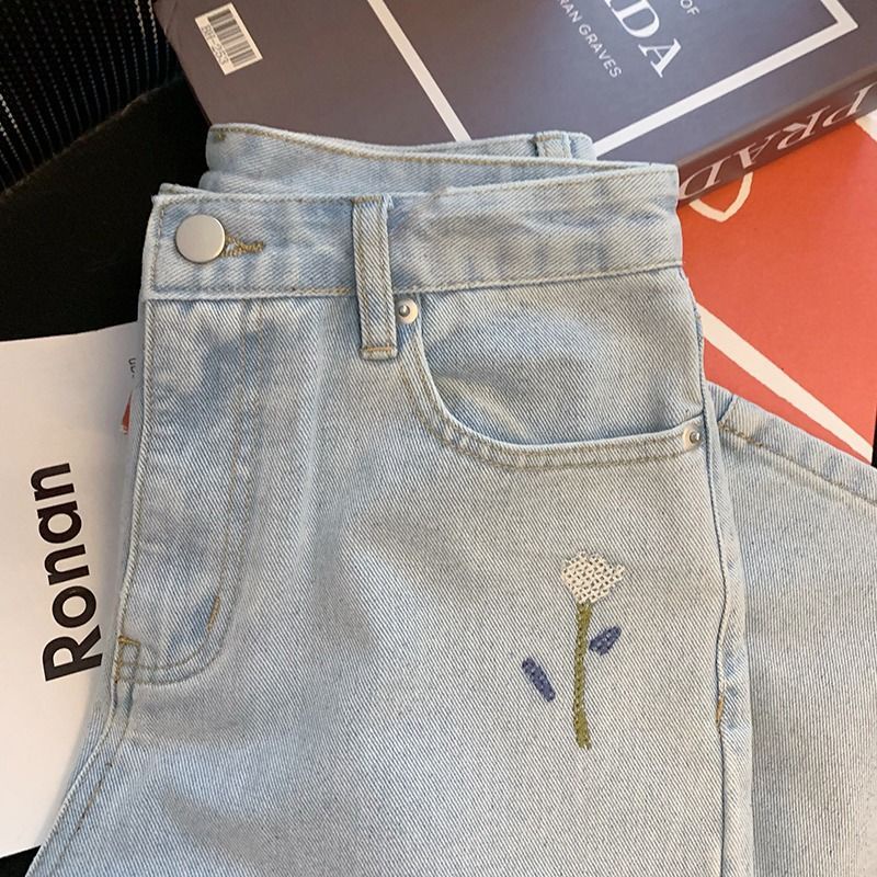 Quần Jean Dài Lưng Cao Ống Suông Thêu Hoa Thời Trang 2022 Cho Nữ