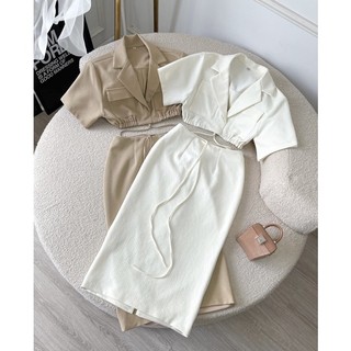 Set bộ áo cổ vest crop chân váy dài