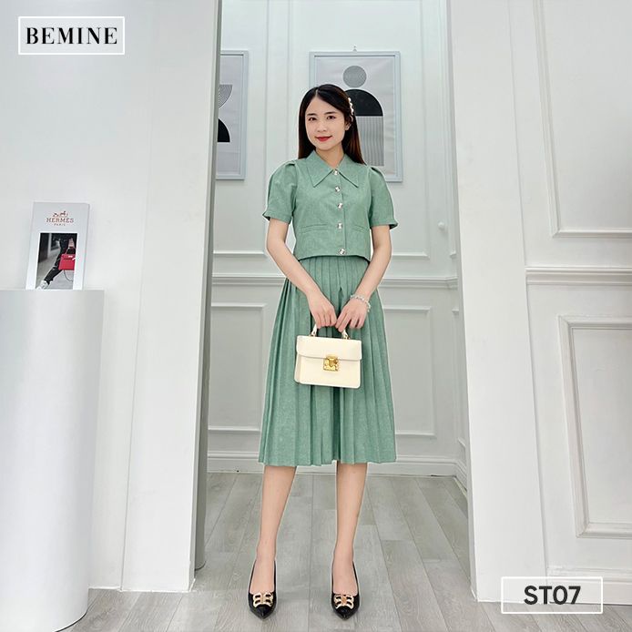 Set chân váy xếp li áo sơ mi BEMINE ST07