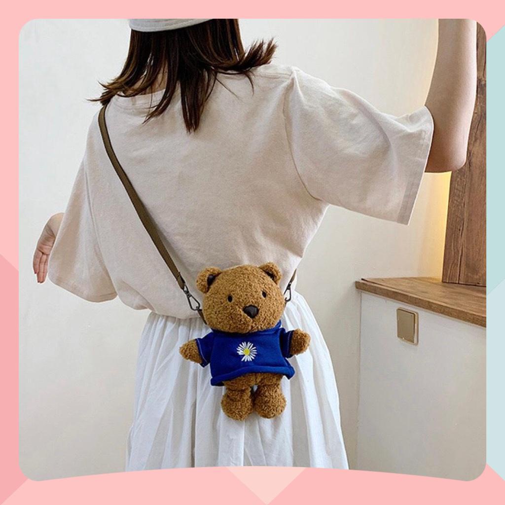 Túi Đeo Chéo Gấu Bông Màu Nâu Mang Áo  - Túi Đeo Vai Nhồi Bông Dễ Thương