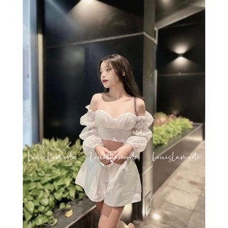 Set áo trễ vai cúp ngực tay bồng kèm quần