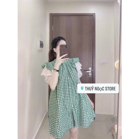 (Miễn Phí Ship 2022) Đầm nữ from suông,đầm caro tay cánh tiên phối màu xinh xĩu,tone màu xanh hottren tôn da