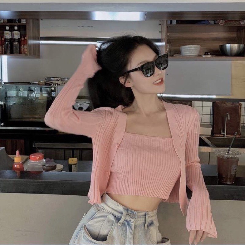 Set Áo khoác mỏng Cardigan kèm áo 2 dây,Set Áo Hai Dây + Áo Khoác Cardigan