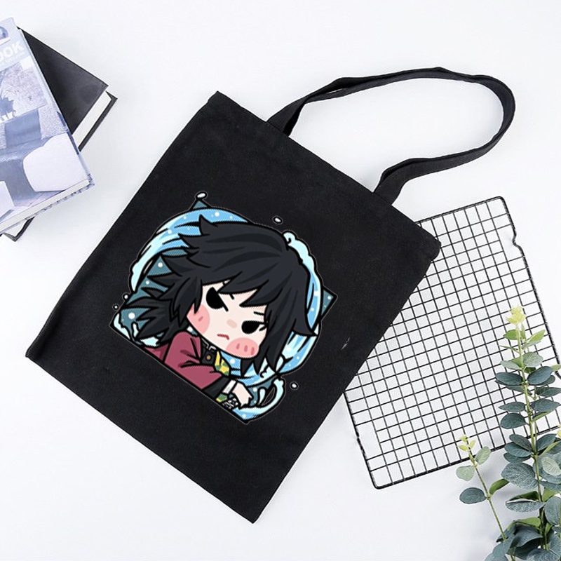 Túi tote vải đen trắng in hình KIMETSU NO YAIBA Thanh Gươm Diệt Quỷ ver CHIBI VUÔNG anime chibi tiện lợi thời trang