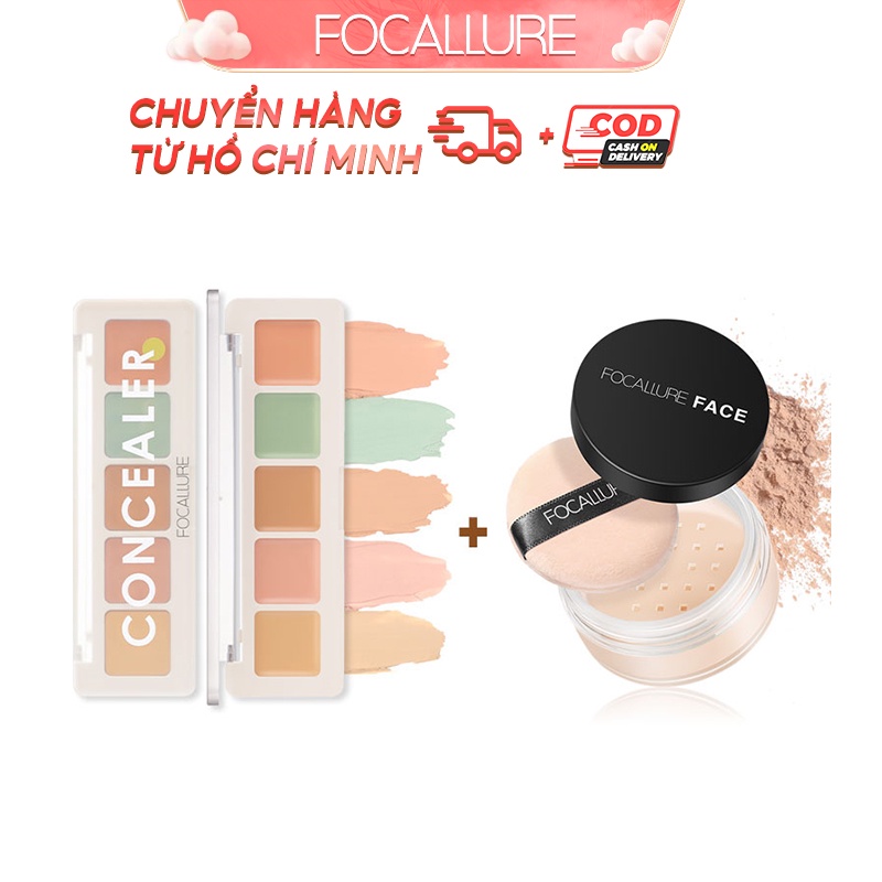 FOCALLURE Bộ sản phẩm che khuyết điểm kiểm soát dầu, bảng che khuyết điểm 5 màu + phấn phủ