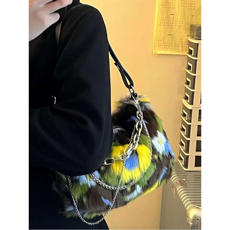 MISCHA Túi Xách Lông Nhung Mềm Mại Phối Dây Xích Thời Trang Thu Đông Dành Cho Nữ