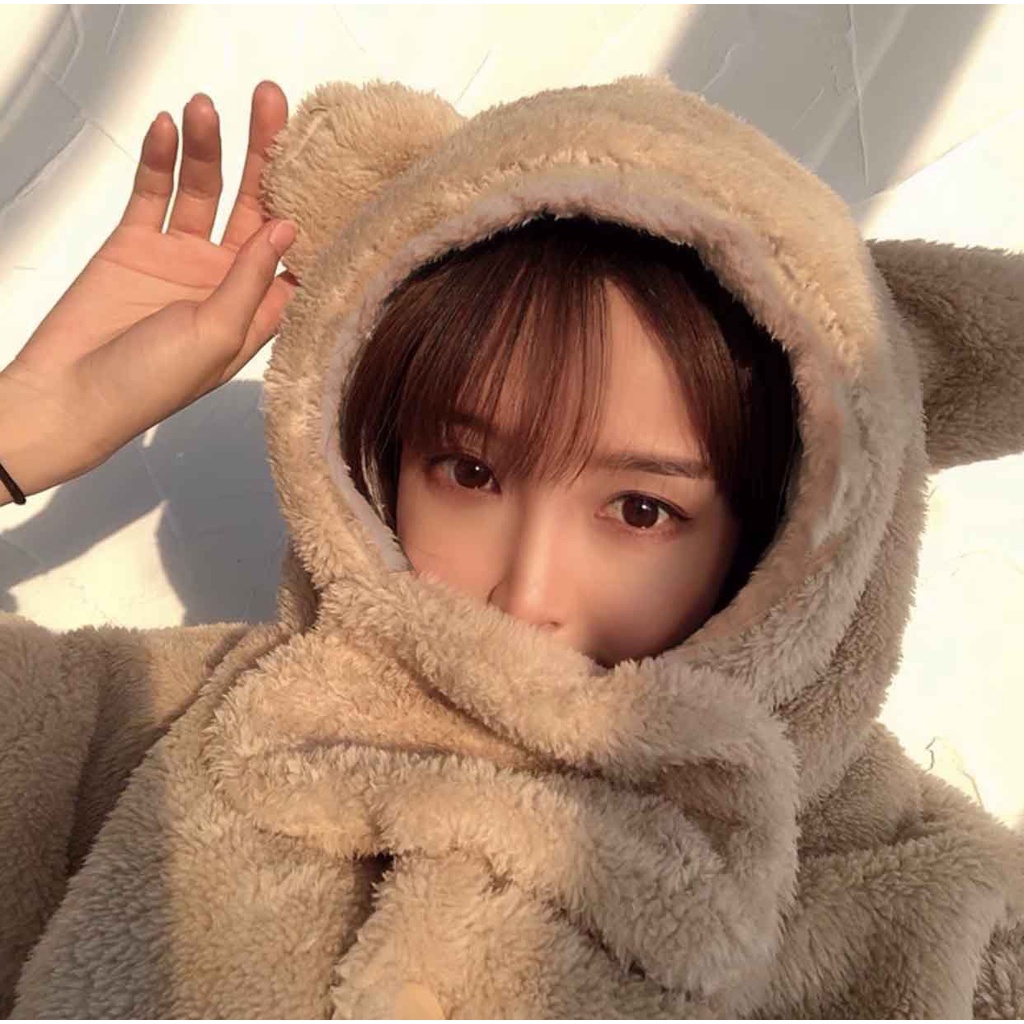 Bộ đồ ngủ lông gấu có mũ form rộng chất liệu bông mịn ấm áp kiểu dáng cute dễ thương