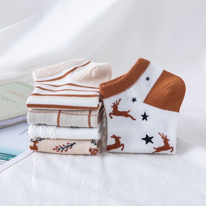 Set 5 Đôi Tất Nữ Cổ Ngắn Họa Tiết Thỏ Hươu Siêu Hot