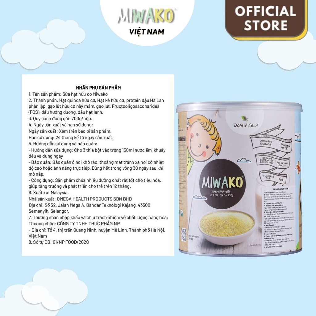Sữa Công Thức Hạt Thực Vật Hữu Cơ Miwako Vị Gạo 400g x 3 Hộp (1.2kg) - Miwako Official Store