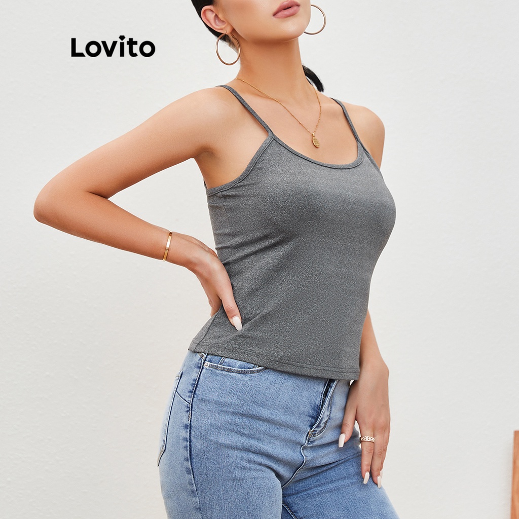 Lovito Áo Hai Dây Cổ Vuông Màu Trơn Đơn Giản L20D171 (Xám đậm)