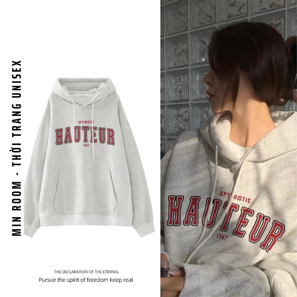 Áo Hoodie Nỉ Bông Form Rộng Nam Nữ Unisex Dáng Oversize Xám Tiêu In Chữ HAUTE 1987