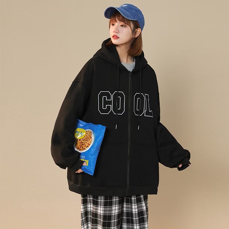 IELGY    Áo Hoodie Dáng Rộng Phối Khóa Kéo Phong Cách retro Mỹ Cho Nữ