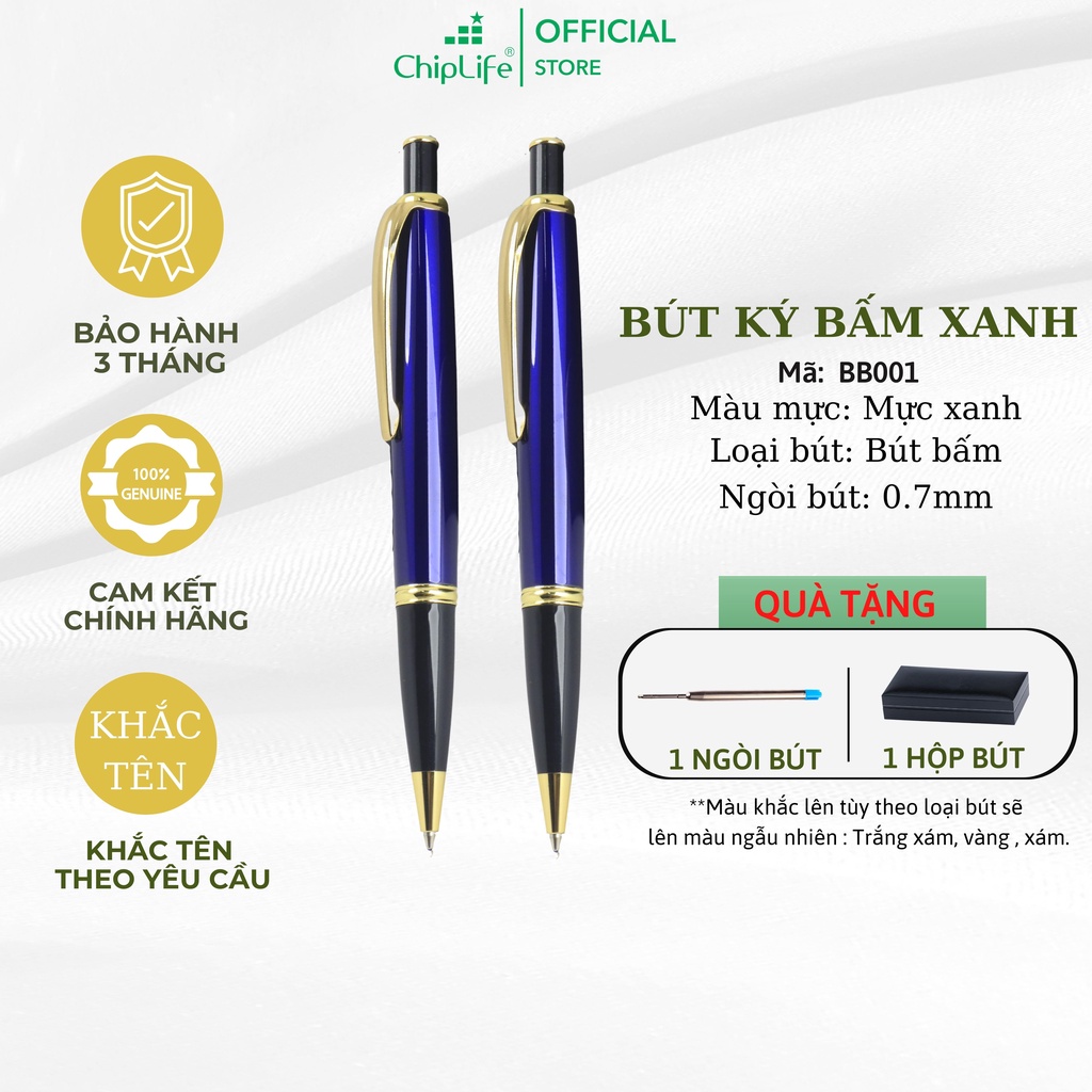 Bút ký bấm xanh dương viền vàng CHIPLIFE BB001 khắc tên - Ngòi 0.7mm mực xanh