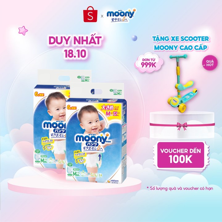Combo 2 Tã quần Moony cao cấp M64 - Nhập khẩu từ Nhật Bản