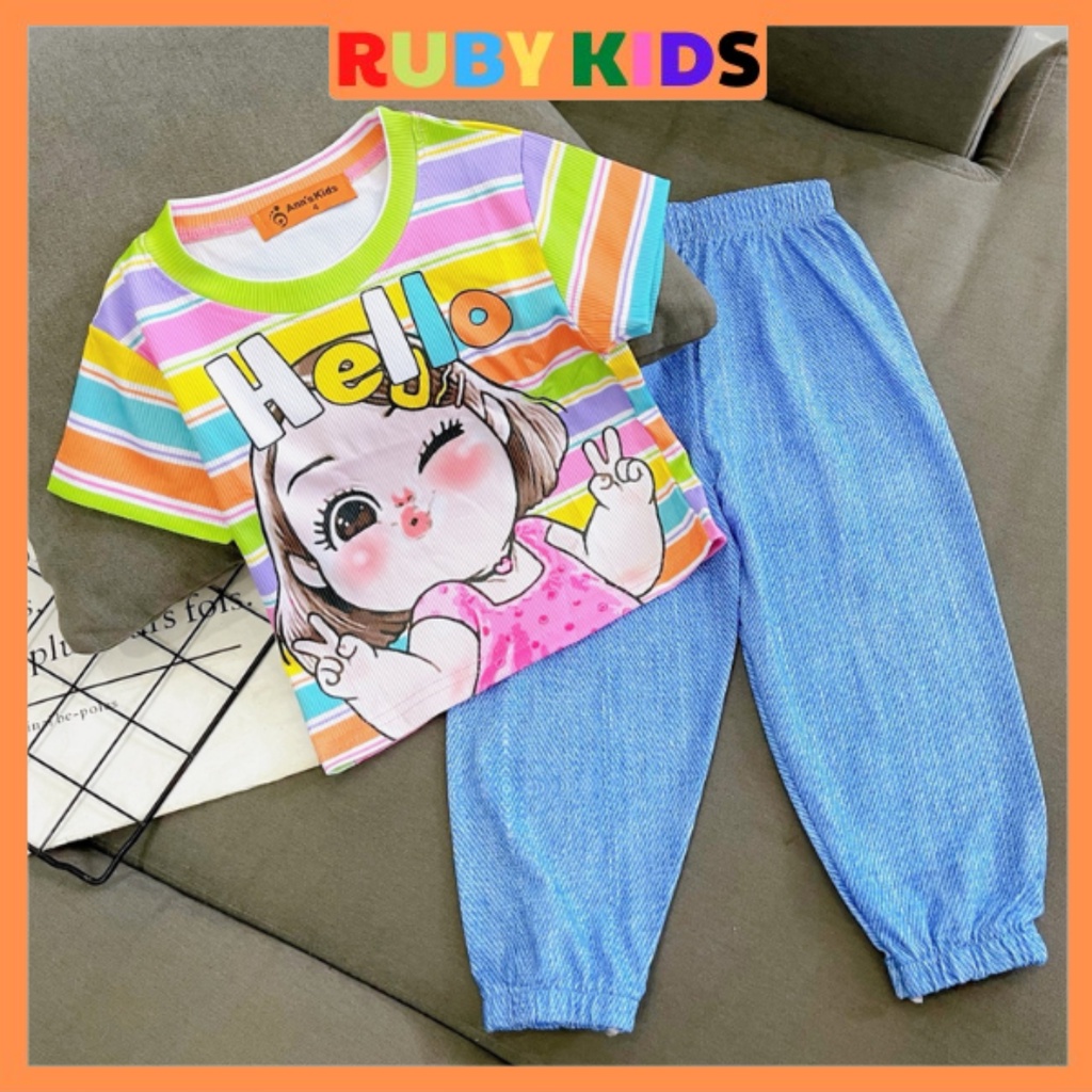 Set bé gái phối áo thun gân quần jean sang chảnh đi chơi đi học Size Đại - Rubykids