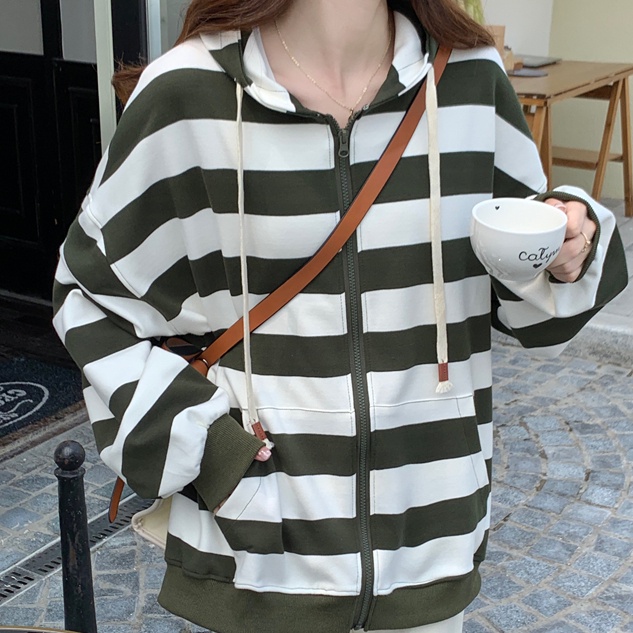 Áo hoodie SUXI tay dài dáng rộng kẻ sọc thời trang mùa thu cho nữ