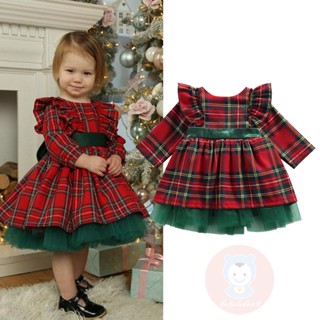 Laa6-bộ váy Giáng sinh cho bé gái, Váy chắp vá lưới cổ tròn tay ruồi kẻ sọc