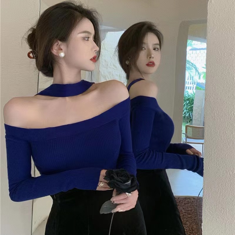 Áo dệt kim SUXI trễ vai dáng ôm phong cách vintage thời trang mùa thu quyến rũ cho nữ