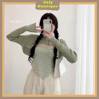 Set len áo 2s kẻ sọc vạt lệch mix cadigan lửng mỏng hàng quảng châu