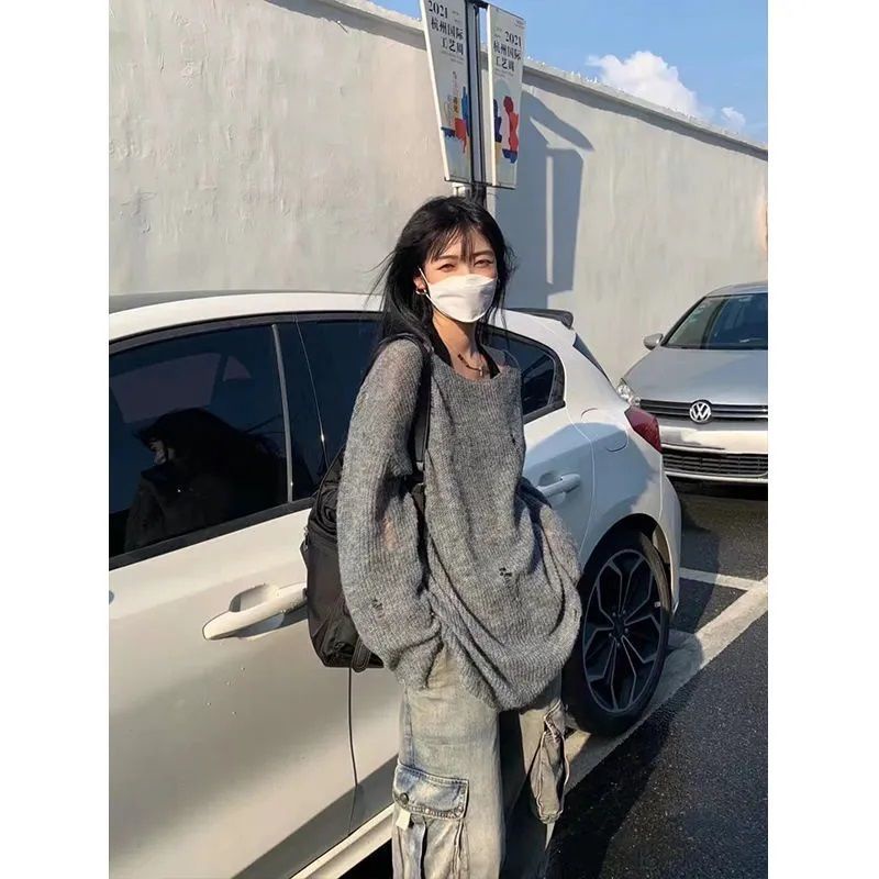 Jiashucheng Áo Sweater Dệt Kim Mỏng Tay Dài Dáng Rộng Rách Lỗ Rỗng Cỡ Lớn Thiết Kế Cá Tính Cho Nữ