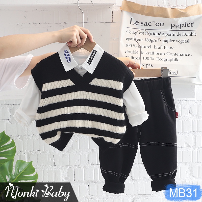 Set 3 chi tiết bé trai mùa thu đông, áo gile len mix sơ mi trắng cùng quần nỉ, đồ bộ lịch lãm nam tính cho bé | MB31