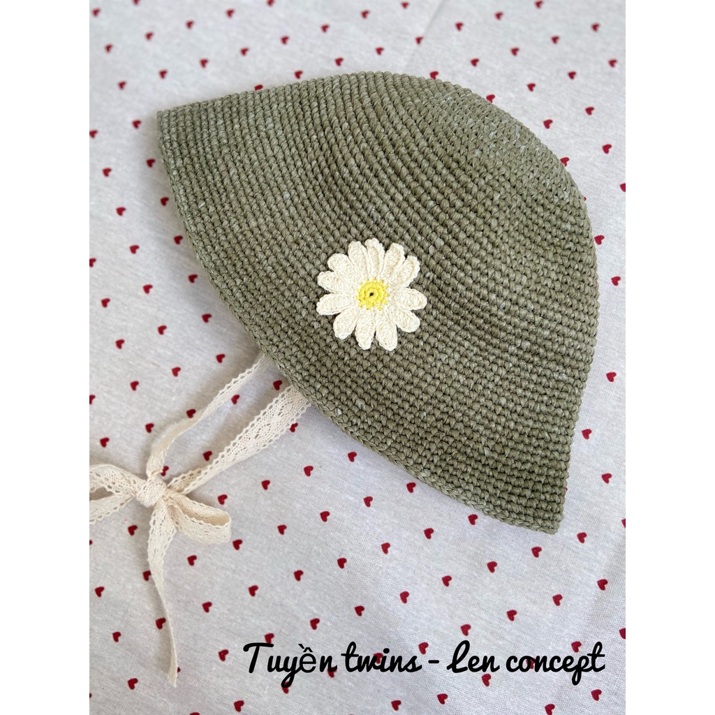 Nón len handmade - hoa cúc họa mi trang trí - có quai nón bằng ren siêu xinh