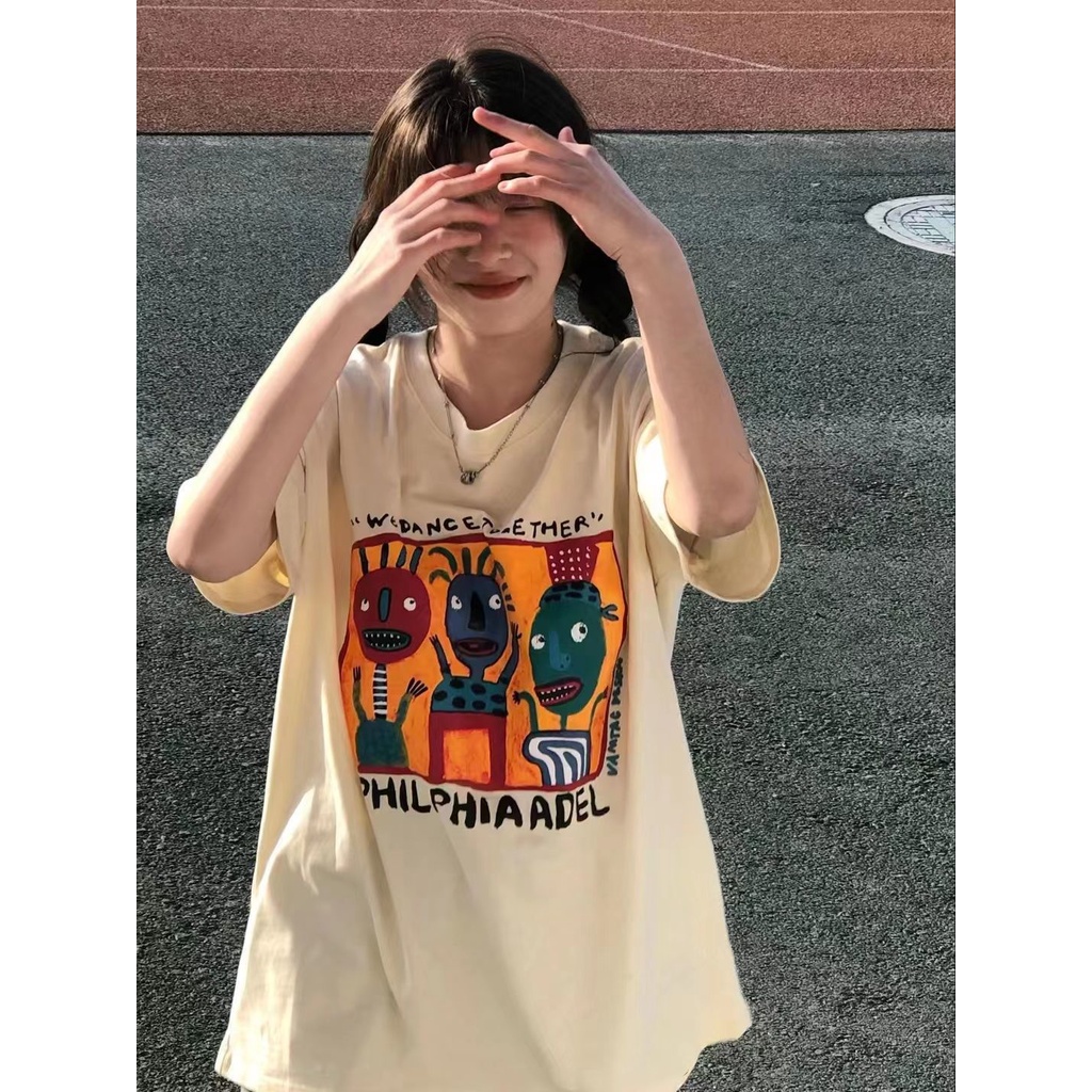 NRVP Áo thun tay ngắn dáng rộng in hình phong cách Hàn Quốc thời trang mùa hè unisex