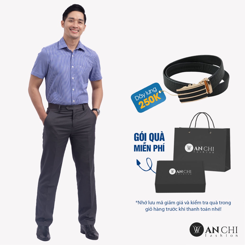 Combo Áo Sơ Mi Nam Sợi Tre Xanh Kẻ Và Quần Âu Tuytsi Ghi Đậm Trung Niên ANCHI Cao Cấp