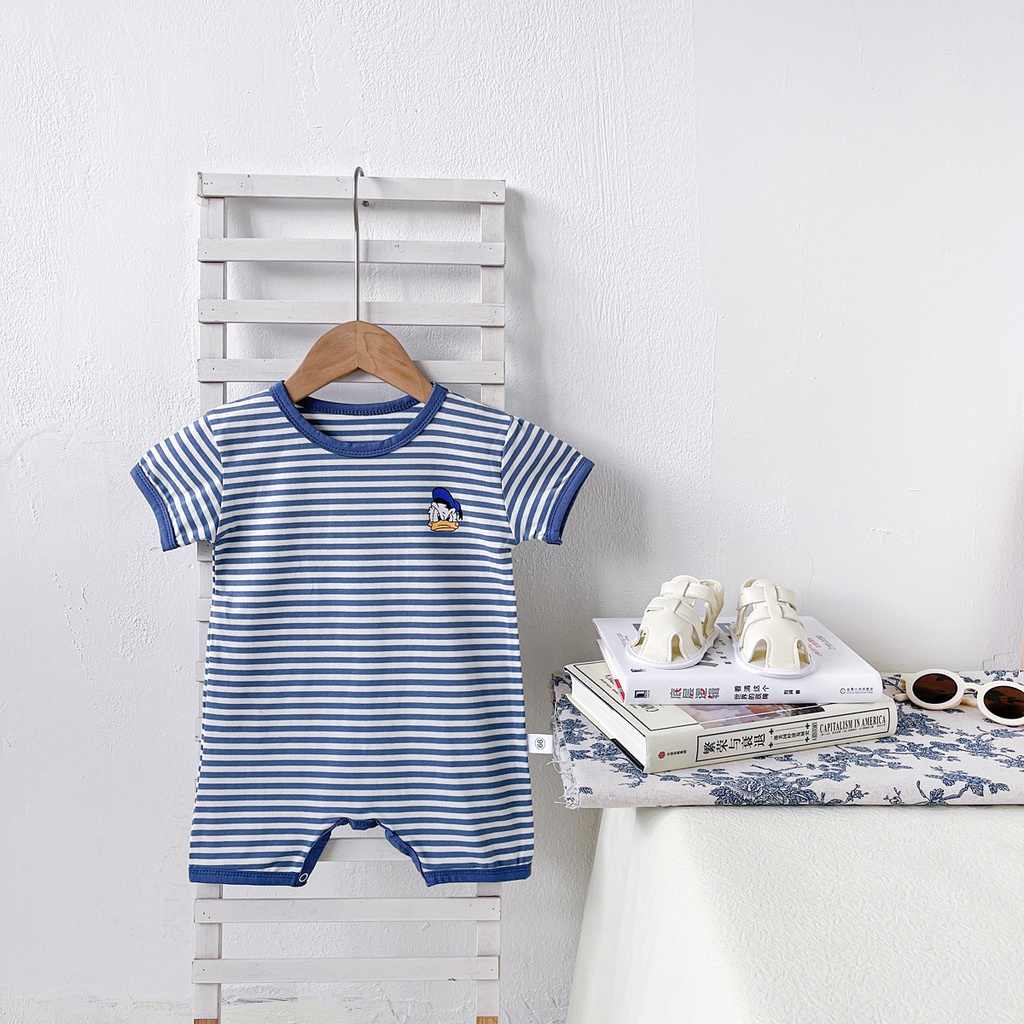 Áo Liền Quần Tay Ngắn Họa Tiết Hoạt Hình Kẻ Sọc Thời Trang Xinh Xắn Cho Bé Sơ Sinh