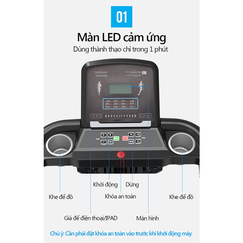 Máy chạy bộ tại nhà gấp gọn A7S động cơ 2HP chống rung lắc, Máy chạy bộ tại nhà tập gym kèm đai bụng có đo nhịp tim