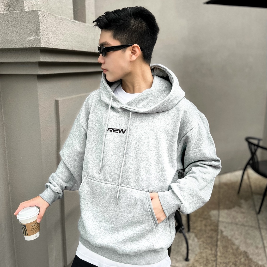 Áo Hoodie xám ghi nhạt form rộng 100% Cotton REW