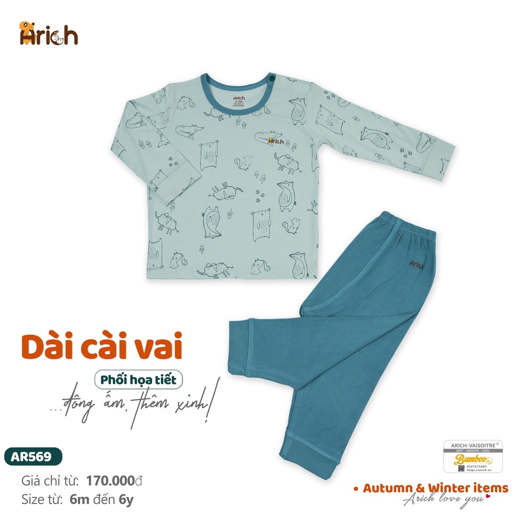 Bộ dài tay cài vai Arich vải sợi tre mềm mịn, quần áo trẻ em thoáng khí, co giãn 4 chiều