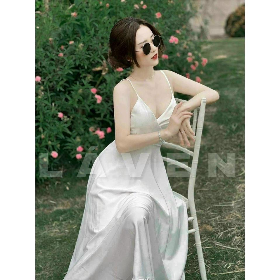 (FreeShip 2022) Đầm 2 sang chảndây nữ dáng dài,đầm thiết kế hở lưng cột nơ,chất lụa 2 lớp có mút,tone trắng sang chảnh