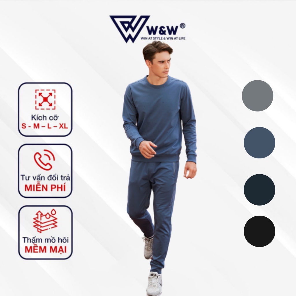 Bộ Nỉ Thể Thao Nam W&W Vải Dày Dặn, Quần Gấu Bo, Áo Cổ Tròn Giữ Ấm Và Trẻ Trung, Năng Động WHW22
