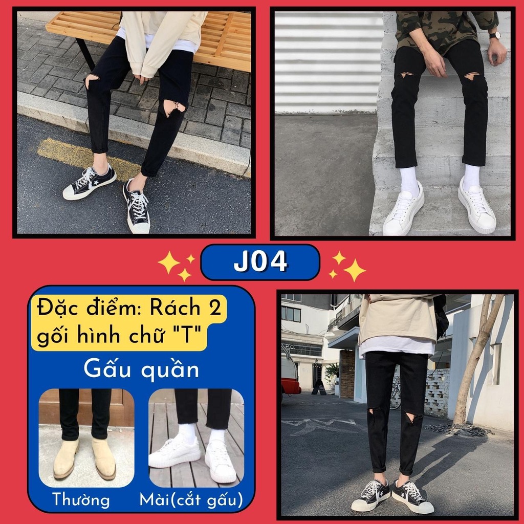 Quần Jean Nam Đen Trơn Và Rách Gối Vải Co Giãn 4 Chiều, Không Phai Màu, Không Xù Dáng Skinny Phong Cách Hàn Quốc