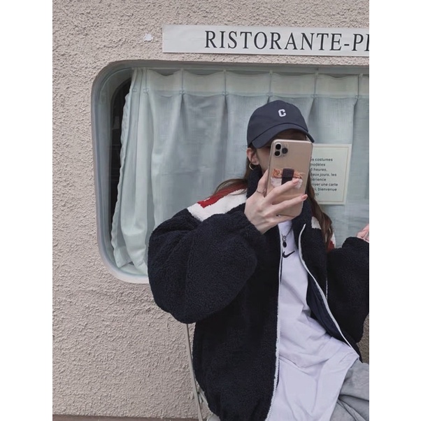 Áo khoác lông phối tay trắng đỏ thêu chữ B cực dày dặn ấm áp form thụng tay bồng thu đông Nhungkudo