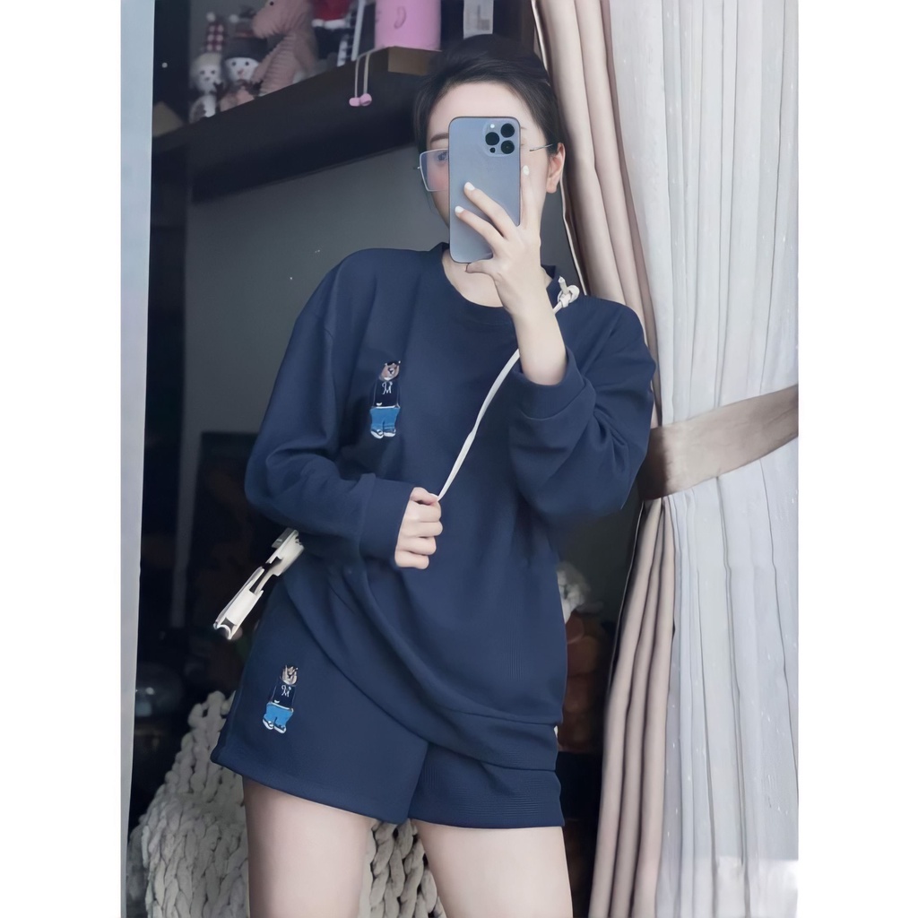Bộ Áo Thun Quần Short Nữ Thêu Gấu Dáng Rộng 🦋 Set Áo Dài Tay Quần Đùi Vải Tổ Ong 2 Màu 🦋