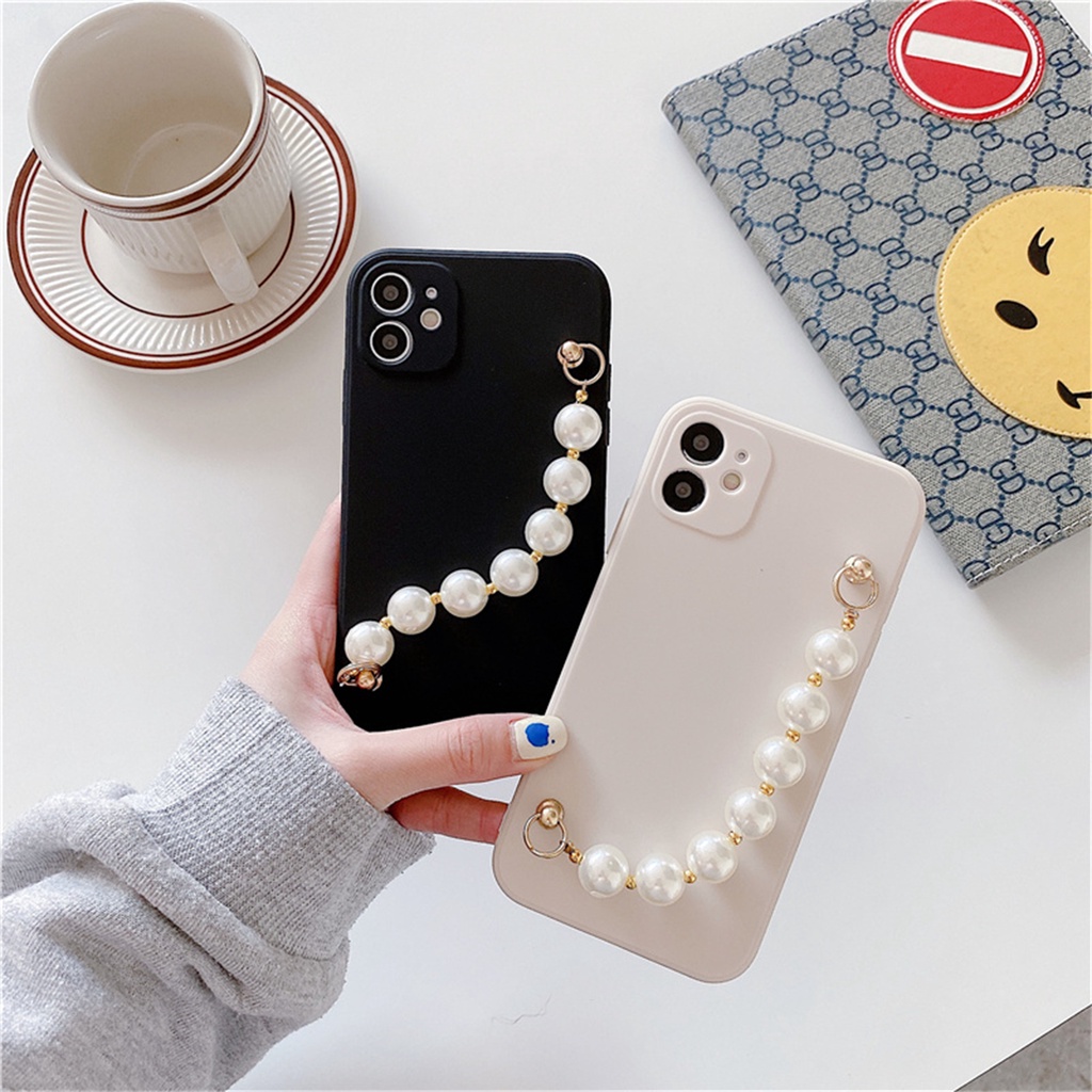 Ốp Điện Thoại Đính Ngọc Trai Sang Trọng Có Dây Đeo Tay Bảo Vệ Ống Kính Máy Ảnh Cho Iphone 14 Pro Max 14Pro 14 Plus