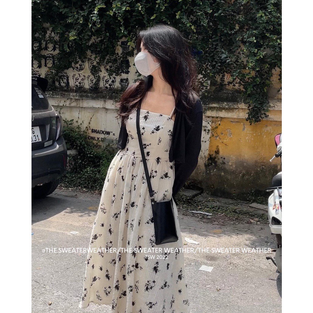 Set váy 2 dây hoa nhí dáng suông kèm áo khoác cardigan ngắn phong cách nhẹ nhàng tiểu thư 1SIZESHOP