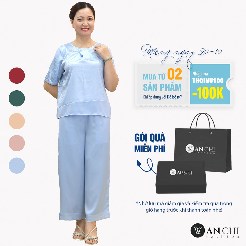Đồ Bộ Trung Niên Nữ Lụa Gấm Cao Cấp ANCHI B26 Xanh Nhạt, Set Đồ Mặc Nhà Quà Tặng Cho Mẹ