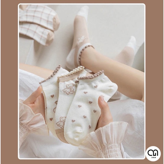 Vớ Cổ Ngắn Nữ Màu Nâu Cổ Ren Họa Tiết Gấu Trái Tim Dễ Thương Chất Liệu Cotton 2AM