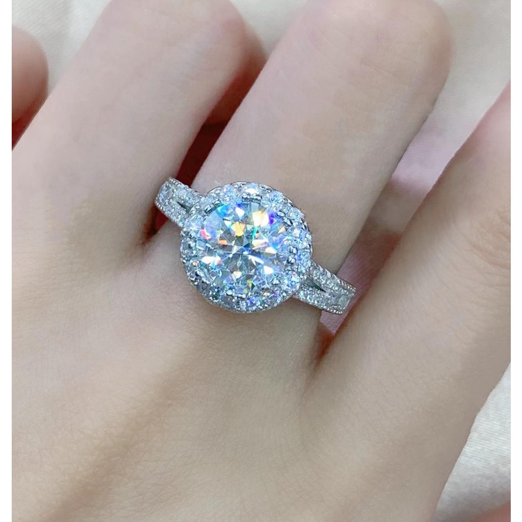Kim Cương Nhân Tạo Moissanite Nhẫn S925 bạc tinh khiết D màu Mosanshi (8mm)2 carat có thể kiểm tra bút kim cương với giấy chứng nhận xác nhận sang trọng nạm nhẫn túi tròn