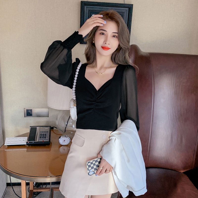 Áo Dệt Kim Tay Dài Cổ Vuông Ghép Vải Lưới Thời Trang Hàn Quốc Cho Nữ