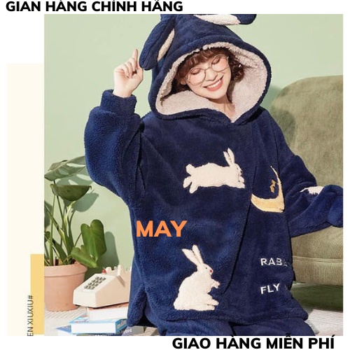 Bộ đồ ngủ bông, pijama, quần áo mặc ở nhà dài tay mùa đông có mũ chất lông mềm mịn hình cute dày dặn siêu ấm
