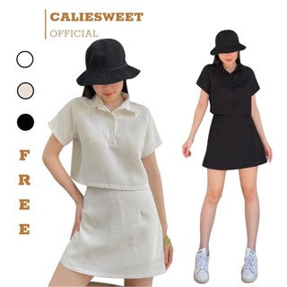 Set chân váy áo croptop Caliesweet set áo croptop cổ polo mix chân váy chất thun xốp