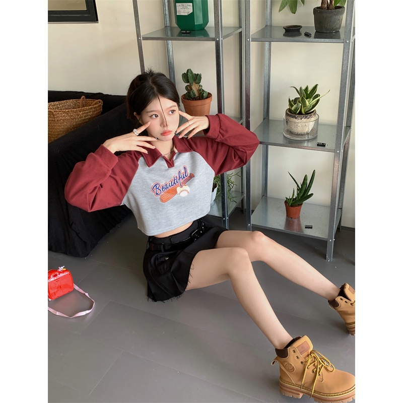 Áo Sweater Cổ Polo In Chữ Màu Tương Phản Kiểu Vintage Thời Trang Mùa Thu Cho Nữ