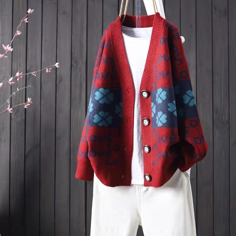 Áo Cardigan Dệt Kim Nữ Áo Len Chữ Cái Mặc Bên Ngoài Áo Khoác Phong Cách Phương Tây Cao Cấp Rộng Rãi