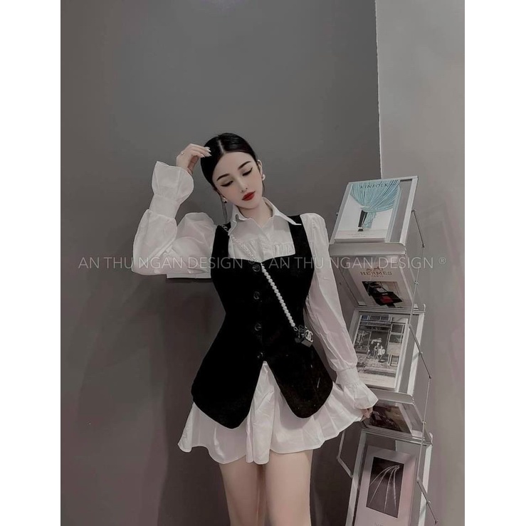 [11.11 Sale Freeship] Đầm tiểu thư nữ,set tuyết mưa đầm trắng dáng xòe cổ bẻ  dài tay kèm áo khoác ngoài đen cài khuy