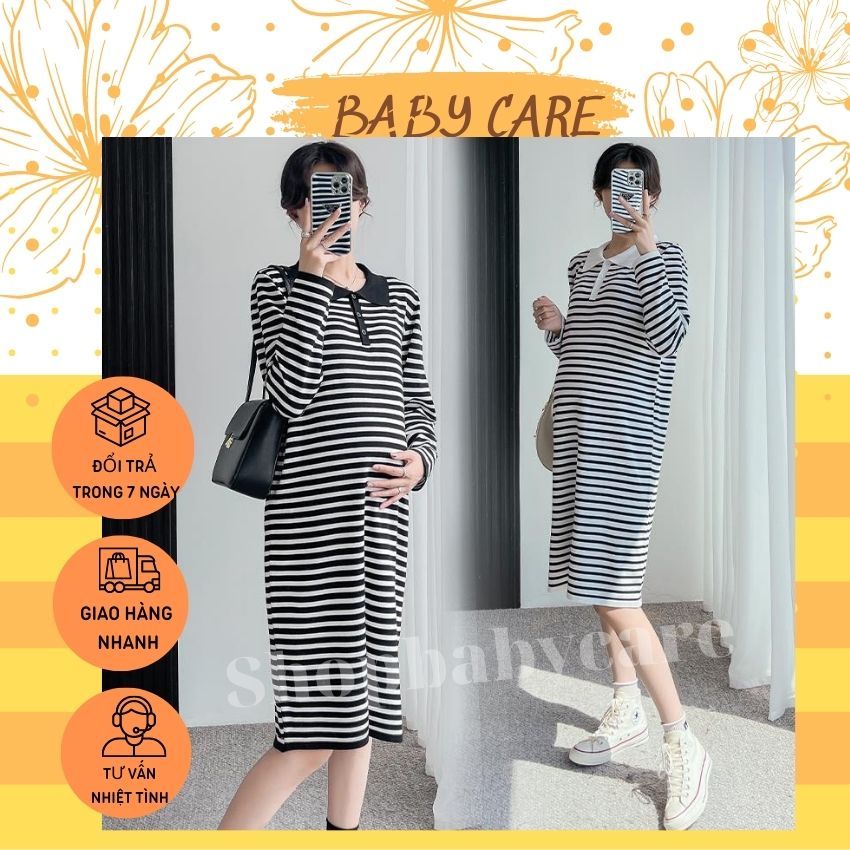 VÁY BẦU THU ĐÔNG DÀI TAY KẺ CỔ ĐỨC-ĐẦM BẦU XINH KIỂU DÁNG TRẺ TRUNG KHỎE KHOẮN CHO MẸ BẦU